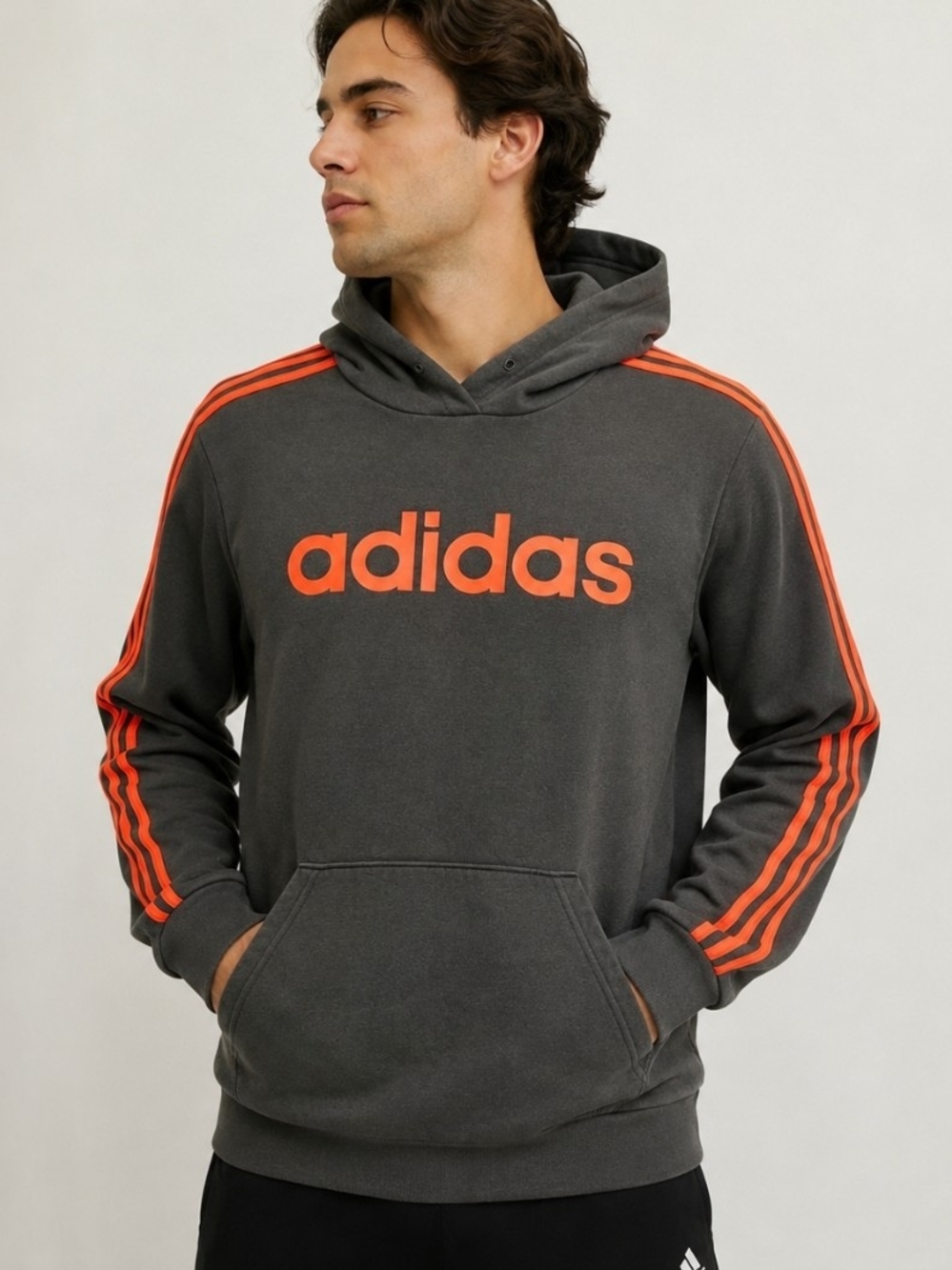 Adidas Small Gray Orange 3 Stripe Logo Hoodie Pullover Fleece Sweatshirt S